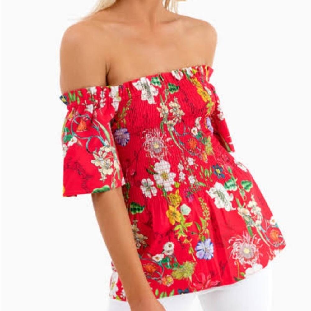 PARKER XS Penn Off-the-Shoulder Floral-Print Blouse, Red, Designer, Smocked